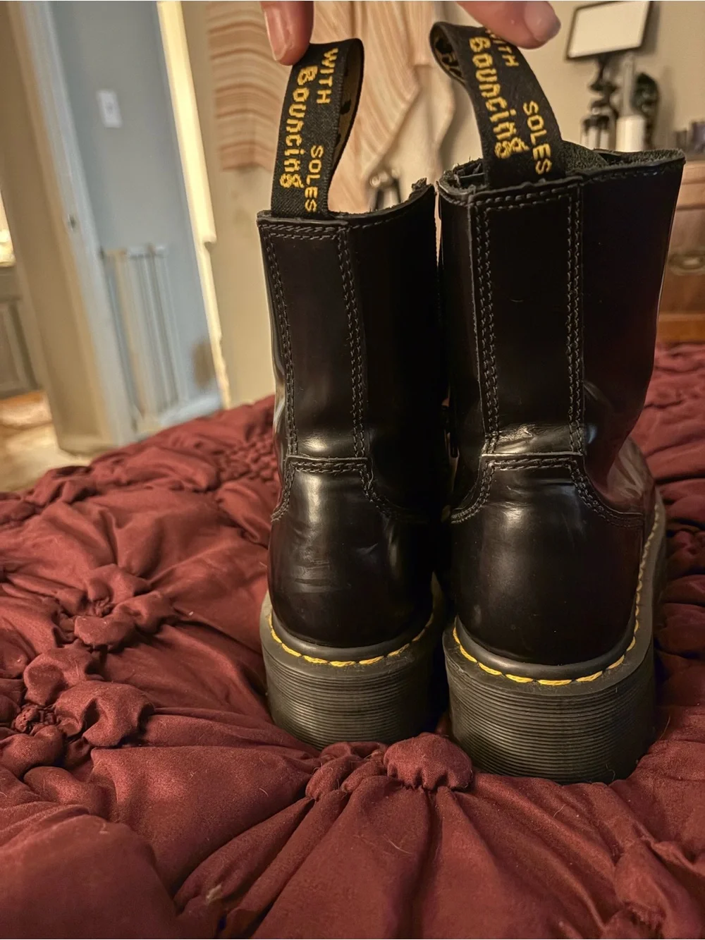 Dr. Martens Black Leather Platform Lace-Up Boot with Yellow Stitching